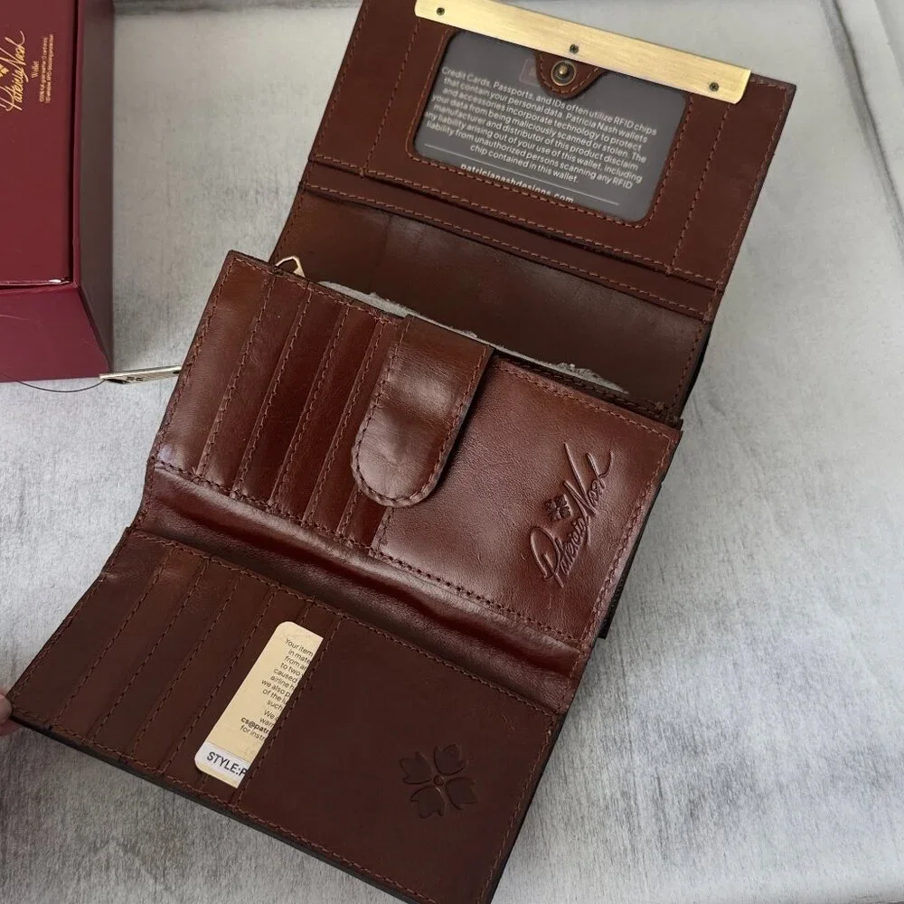 PATRICIA NASH Cametti floral leather RFID trifold wallet Prairie Rose Tan Red